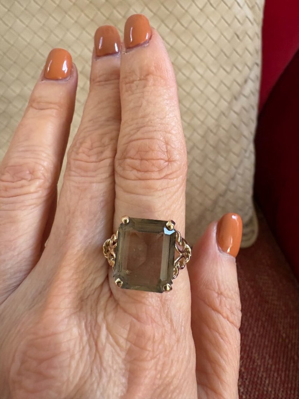 $1000+ 6.99 carat emerald cut smoky quartz and 14K yellow gold ring sz 6.5 SJ